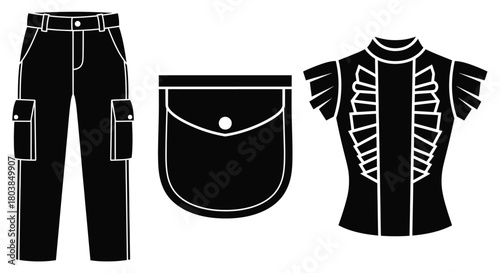 Stylish cargo pants, versatile pouch, and ruffled top outfit set