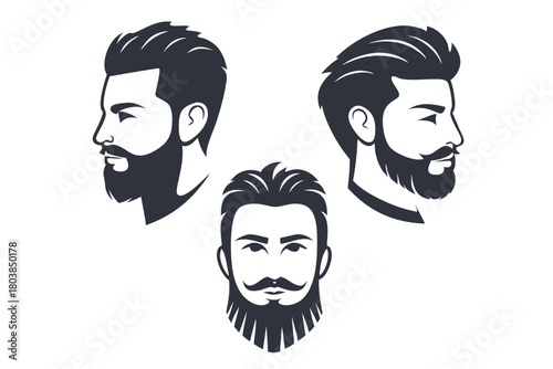 Three stylized bearded man portraits showcase dark hair and facial hair on white background