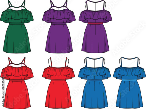 Vector technical flat sketch of women cold shoulder dress featuring ruffle bodice, spaghetti straps, front and back views, various colors for fashion design templates.