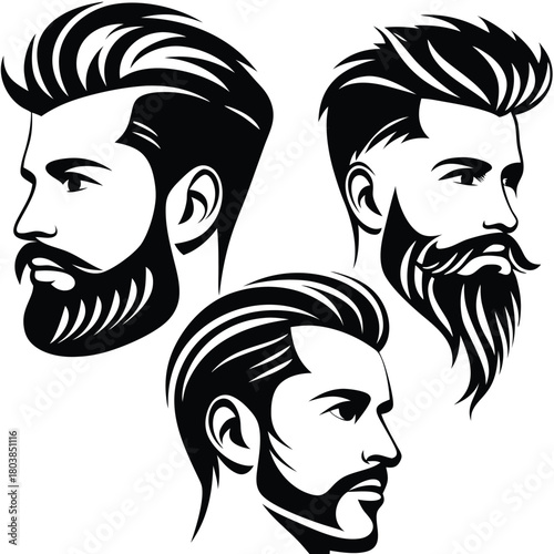 Three stylized beards show bold outlines, detailed hair, and clean silhouettes