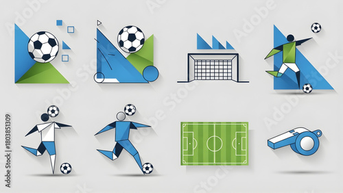 Collection of modern geometric soccer icons featuring players, balls, goal, field, and whistle. Stylized illustrations for sports events, team designs, and game-related concepts