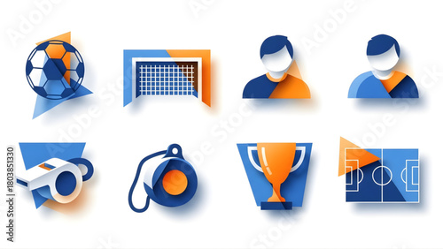 Vibrant collection of soccer and football icons in a modern paper-cut style with dynamic 3D shadows. Features game elements, players, and equipment