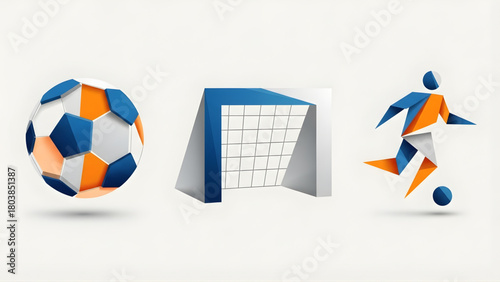 Soccer Icons Graphic Illustrations of a Soccer Ball, Goal, and Player in Abstract Style