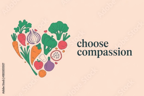 Heart-shaped design with vegetables promoting compassion for a kind lifestyle. Veganuary Day