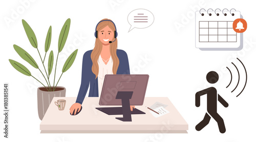 Woman with headset at desk assisting clients via computer, speech bubble above her. Calendar with notification, walking figure symbolizing movement, potted plant near. Ideal for communication
