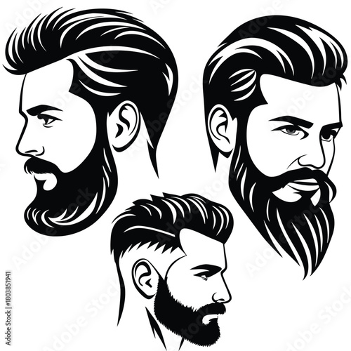 Three stylized Black and White images showcase bearded men with trendy haircuts in profile