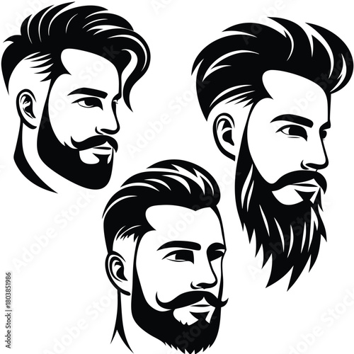 Three stylized black haired men portraits with beard and mustache on white background