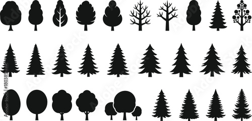 Tree silhouettes collection, diverse forest icons, natural woodland shapes, botanical illustration set, evergreen and deciduous tree symbols for design and decoration