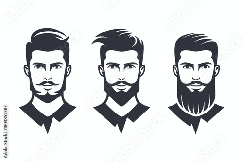 Three stylized man avatars showcase different beard styles and fashionable hairstyles in solid black