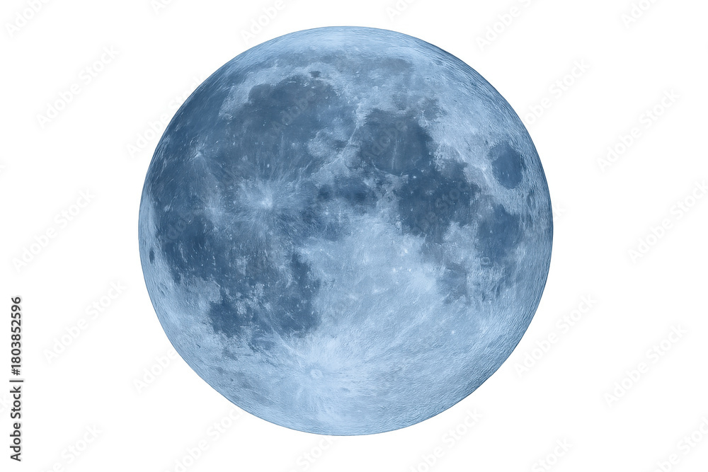 Obraz premium Blue full moon displaying its surface details, orbiting earth in space with a transparent alpha channel