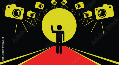 Celebrity greeted by paparazzi flashes on red carpet, spotlight focus