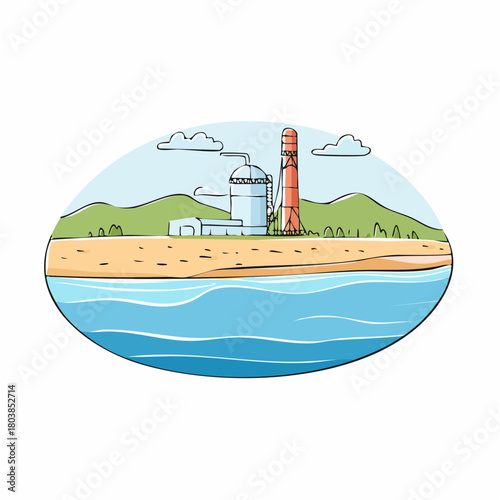 De salinization Plant on Coastline with Mountains and Blue Water View