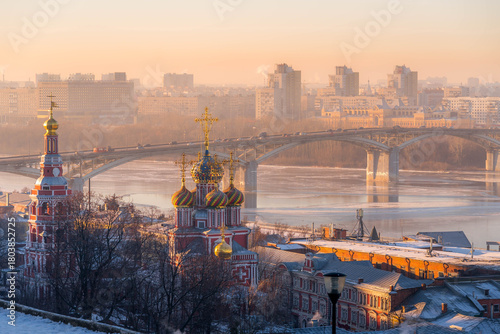 Photography Nizhny Novgorod panoramic view with winter photo of Stroganov Church and Volga River in Nizhny Novgorod, Russia, in soft evening city haze