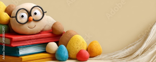 Colorful Plasticine Character with Glasses Resting on Books Among Vibrant Balls Against a Pastel Background