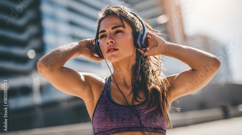 Athletic woman enjoying music through headphones during sunny outdoor run, perfect for wellness brands, fitness apps