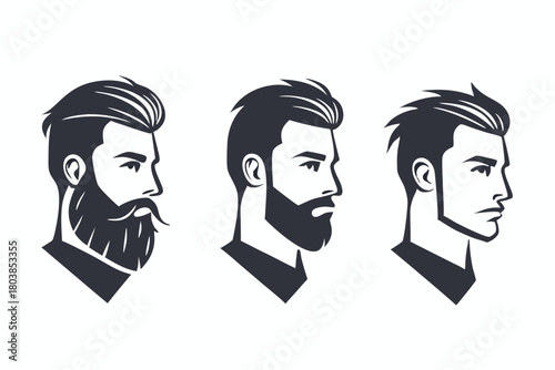 Three stylized men showcase diverse beard and haircut styles in black silhouettes