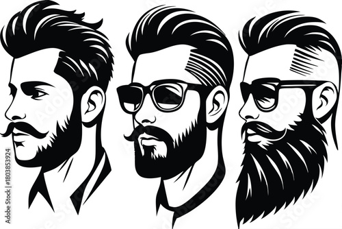 Three stylized monochrome men exhibit unique beards and haircuts in profile views