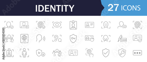 Biometric Identity Line Icon Set. Featuring fingerprint scan, secure access, digital ID card, and two-factor authentication. Perfect for online security, user login UI, and data privacy apps.