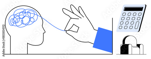 Hand untangling brain chaotic threads, pulling toward calculator and receipt printer. Ideal for mental clarity, problem-solving, logic, decision-making, financial planning, organization, cognition