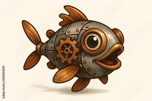 Playful steampunk robo cartoon fish isolated on white background