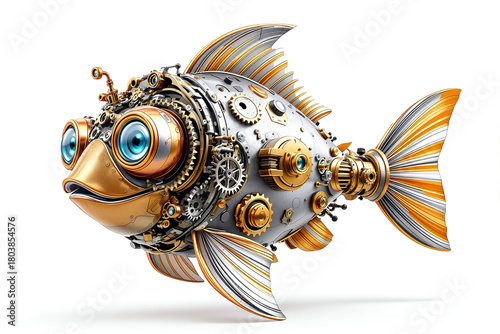 Futuristic steampunk robo cartoon fish with glowing blue eyes on white background