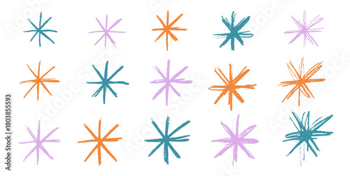 Asterisk colorful kids crayon drawn shape sign. Irregular markers snowflakes childish like elements set. Abstract pencil drawn stars. Uneven ink brush snow flakes. Spark symbols. Vector illustration.
