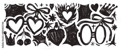 Valentine crayon doodles. Heart shape couple lockets with bang text boxes callout. Hand drawn sticker with cherry, crown, star elements. Vector ink or scrawl pencil drawn illustration no background.