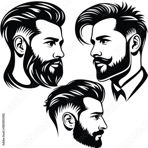 Three stylized portraits showcase bearded men with trendy haircuts in black and white