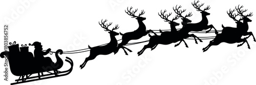 Santa claus and his reindeer flying sleigh silhouette graphic