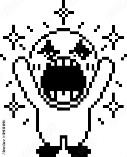 Pixel art character screaming with raised arms monochrome retro angry expression, sparkling effects, emotional outburst