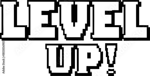 Retro pixelated level up! text in bold black and white, classic video game upgrade symbol, digital gaming progress