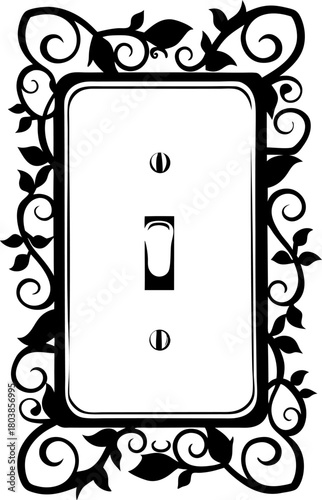 Vintage decorative light switch with ornate floral frame, black and white silhouette, elegant classic home decor element
