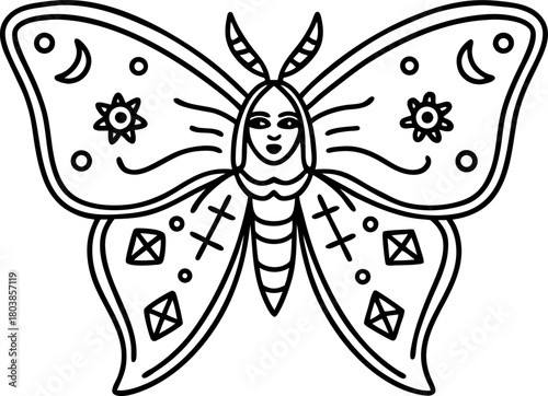 Surreal butterfly with human face and geometric patterns mystical fantasy insect, celestial moon and sun decorative wings