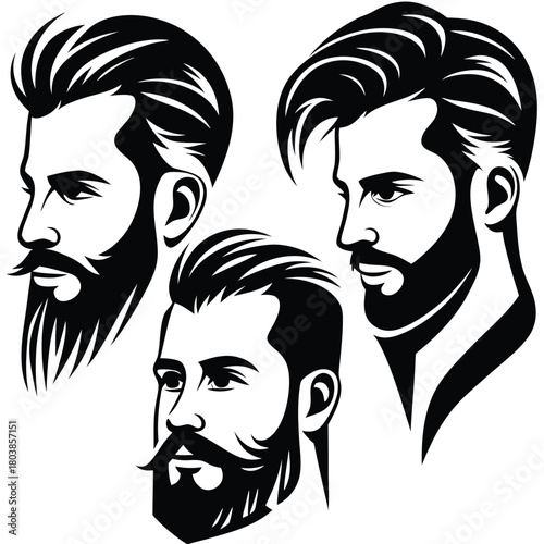 Three unique monochrome male portraits display different haircuts and varied beard styles elegantly displayed