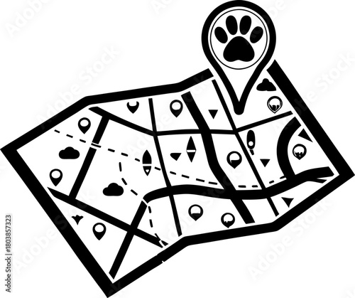 Pet location map with paw print marker animal tracking navigation, city streets guide, pet care urban route icon, black white