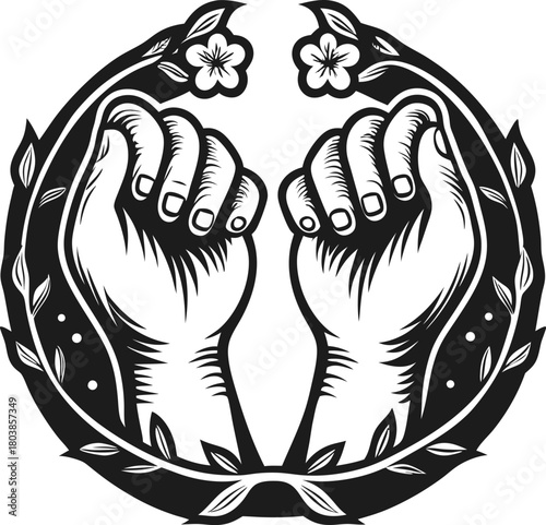 Raised clenched fists surrounded by floral wreath, symbolizing unity, empowerment, strength, resistance and solidarity