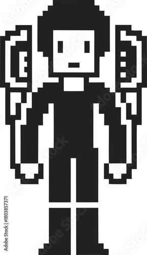 Pixelated astronaut with jetpack retro 8 bit character, black and white digital art, video game style, futuristic concept