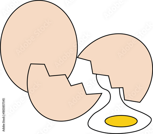 Minimalist vector illustration of a cracked egg with broken eggshell pieces and a spilled raw egg yolk