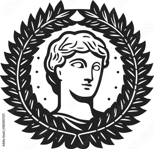 Ancient greek sculpture head within laurel wreath symbolizing victory, heritage, and classical culture in black and white illustration