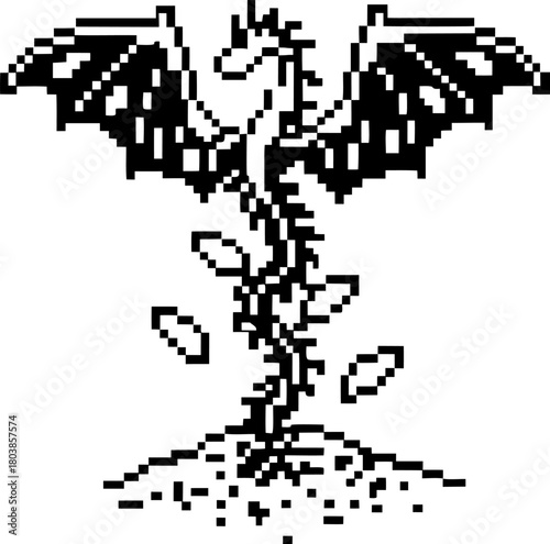 Pixel art dragon rising from the ground with spread wings and swirling energy retro digital fantasy creature, monochrome illustration