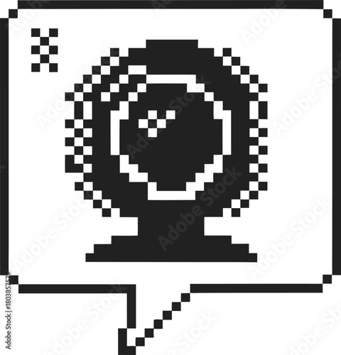 Pixel art webcam icon inside speech bubble monochrome digital camera symbol, retro communication, online chat, technology concept