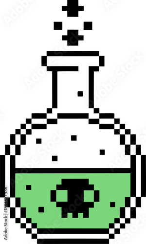 Pixel art potion flask with green liquid and skull hazard sign retro digital icon for gaming, fantasy, toxic substance