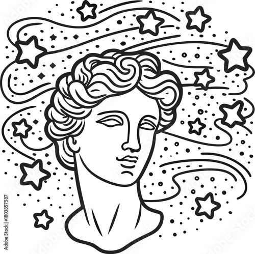 Classical statue head with swirling stars and dots ancient sculpture line art, dreamy celestial cosmic illustration