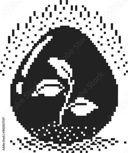 Pixel art seed sprouting from soil in egg shaped shell minimalist black and white digital growth and nature symbol