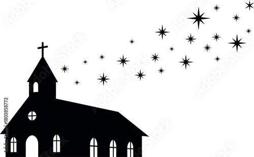 Church building silhouette with stars, symbol of faith and hope