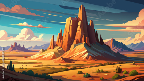Very beautiful depiction of Shiprock, the iconic volcanic formation rising dramatically above flat desert terrain in northwestern New Mexico, shown with clean natural lighting and an uncluttered lands