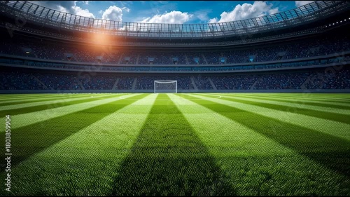 Bright stadium panorama with striped pitch