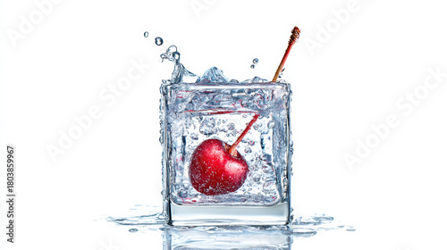 Cherry splashing into refreshing water with ice cubes
