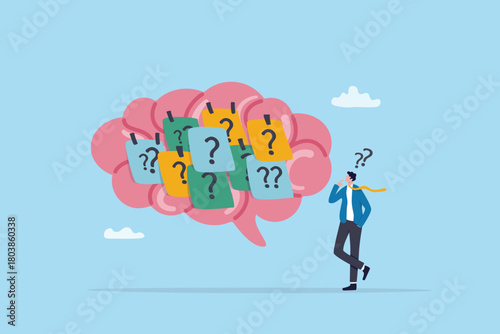 Confusion, frustration decision or doubt, uncertainty mess, dilemma mistake error or trouble information idea, overwhelmed problem concept, man thinking with question mark sticky notes on his brain.