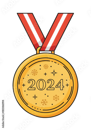 Gold medal with red and white ribbon commemorating 2024 achievement and sporting celebration.